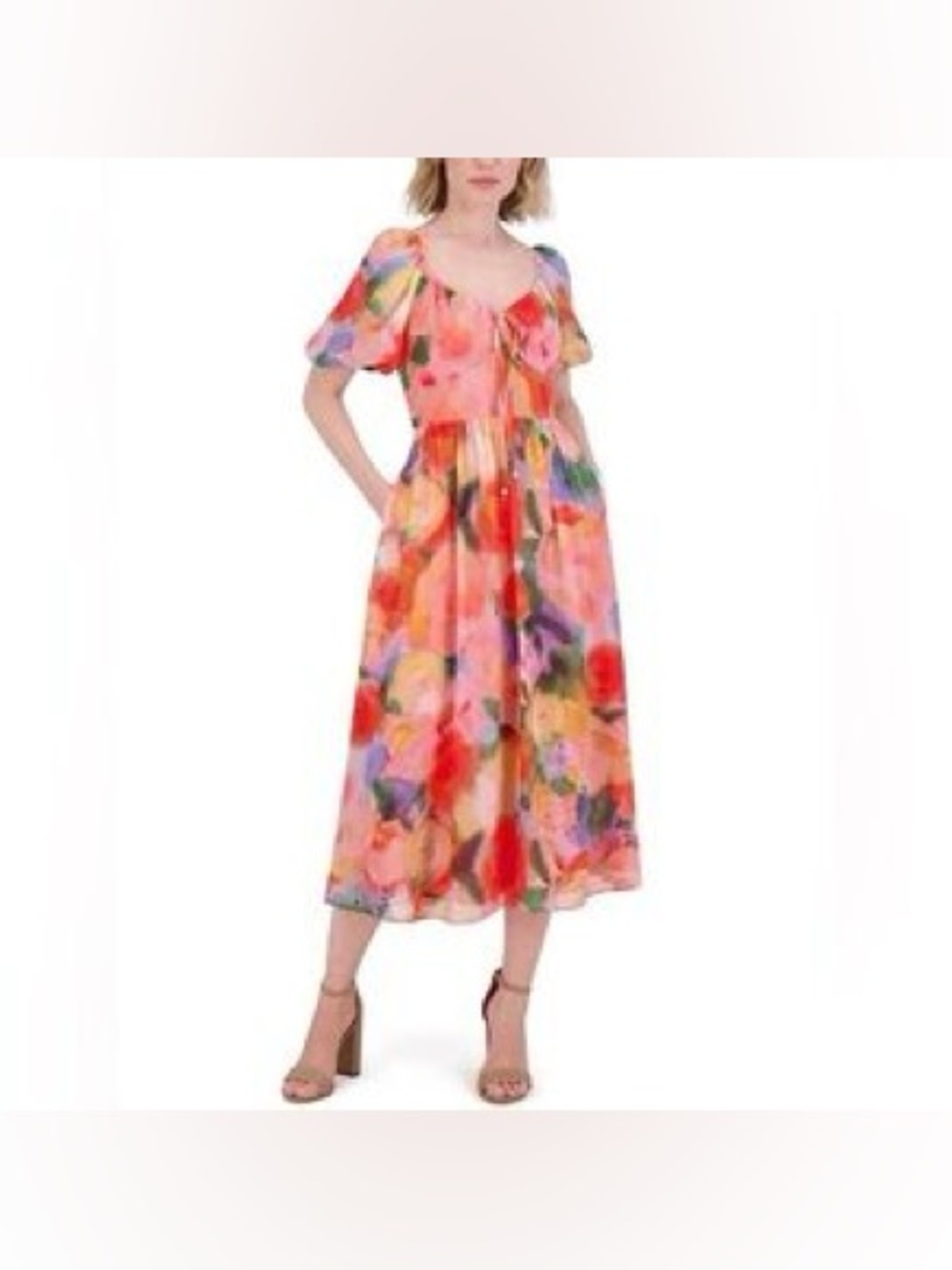Vince Camuto Puff Sleeve Watercolor Floral Peasant Milk Maid Dress Bold Pink Red